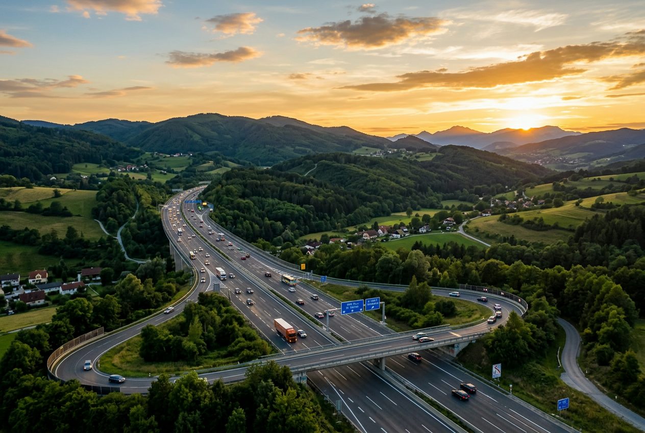 Österreichische Autobahn im Abendlicht